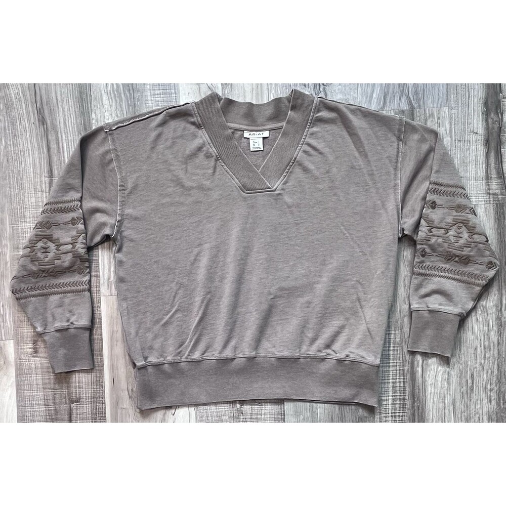 Ariat Womens Large V-Neck Sweatshirt Brown Embroidered Southwest Aztec Sleeves